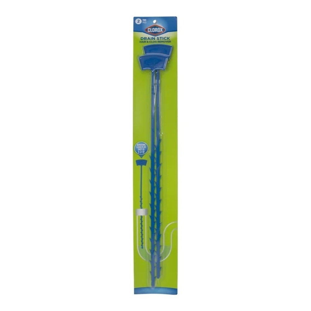 Clorox 20-inch Drain Cleaner Sticks for Hair and Drain Clogs, Blue, 2 Pack NWT